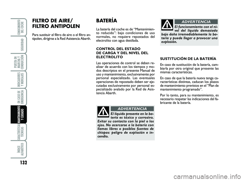 Abarth 500 2008  Manual de Empleo y Cuidado (in Spanish) FILTRO DE AIRE/
FILTRO ANTIPOLEN
Para sustituir el filtro de aire o el filtro an-
tipolen, dirigirse a la Red Asistencia Abarth.
132
INDICADORES
Y MENSAJES
CARACTERÍSTICASTÉCNICAS
ÍNDICE
ALFABÉTIC