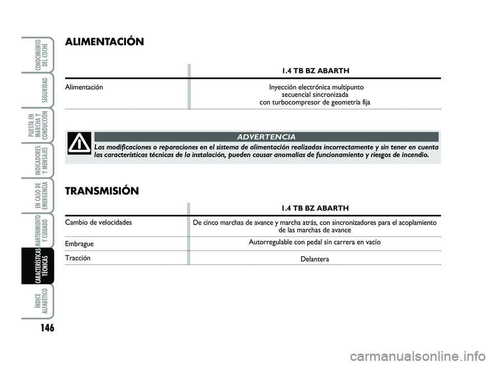 Abarth 500 2008  Manual de Empleo y Cuidado (in Spanish) 146
INDICADORES
Y MENSAJES
ÍNDICE
ALFABÉTICO
CONOCIMIENTODEL COCHE
SEGURIDAD
PUESTA EN
MARCHA Y
CONDUCCIÓN
EN CASO DE
EMERGENCIA
MANTENIMIENTOY CUIDADO 
CARACTERÍSTICASTÉCNICAS
ALIMENTACIÓN
1.4 