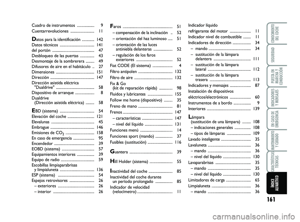 Abarth 500 2009 Manual de Empleo y Cuidado (in Spanish) 161
INDICADORES
Y MENSAJES
CONOCIMIENTODEL COCHE
SEGURIDAD
PUESTA EN
MARCHA Y
CONDUCCIÓN
EN CASO DE
EMERGENCIA
MANTENIMIENTOY CUIDADO
CARACTERÍSTICASTÉCNICAS
ÍNDICE
ALFABÉTICO
Faros ............. Abarth 500 2009 Manual de Empleo y Cuidado (in Spanish) 161
INDICADORES
Y MENSAJES
CONOCIMIENTODEL COCHE
SEGURIDAD
PUESTA EN
MARCHA Y
CONDUCCIÓN
EN CASO DE
EMERGENCIA
MANTENIMIENTOY CUIDADO
CARACTERÍSTICASTÉCNICAS
ÍNDICE
ALFABÉTICO
Faros .............