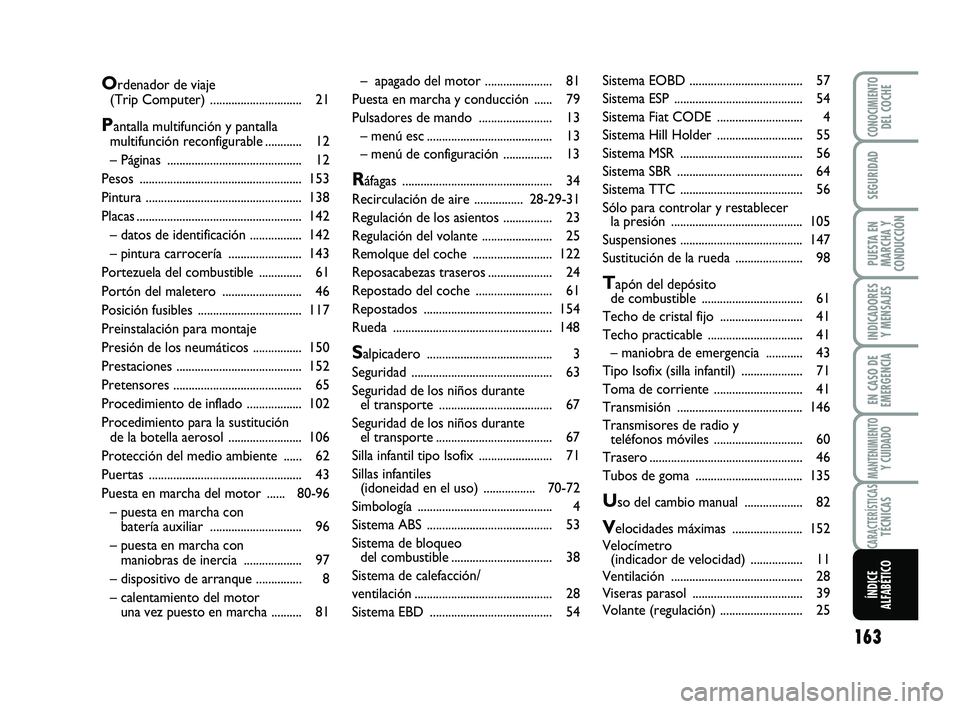 Abarth 500 2009 Manual de Empleo y Cuidado (in Spanish) 163
INDICADORES
Y MENSAJES
CONOCIMIENTODEL COCHE
SEGURIDAD
PUESTA EN
MARCHA Y
CONDUCCIÓN
EN CASO DE
EMERGENCIA
MANTENIMIENTOY CUIDADO
CARACTERÍSTICASTÉCNICAS
ÍNDICE
ALFABÉTICO
– apagado del mo Abarth 500 2009 Manual de Empleo y Cuidado (in Spanish) 163
INDICADORES
Y MENSAJES
CONOCIMIENTODEL COCHE
SEGURIDAD
PUESTA EN
MARCHA Y
CONDUCCIÓN
EN CASO DE
EMERGENCIA
MANTENIMIENTOY CUIDADO
CARACTERÍSTICASTÉCNICAS
ÍNDICE
ALFABÉTICO
– apagado del mo