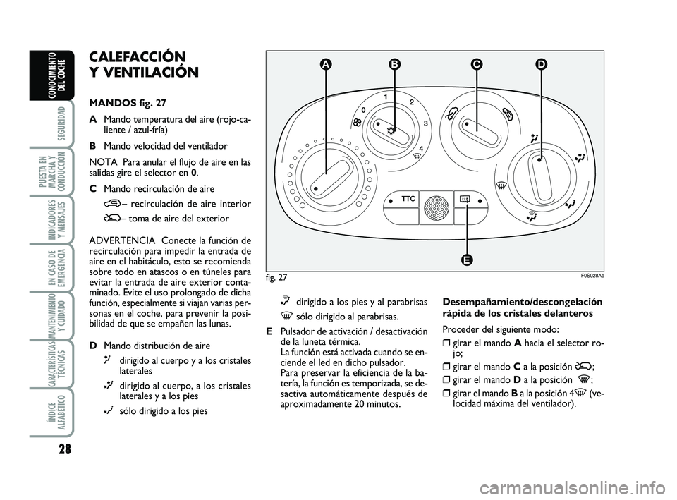 Abarth 500 2009 Manual de Empleo y Cuidado (in Spanish) 28
SEGURIDAD
PUESTA EN
MARCHA Y
CONDUCCIÓN
INDICADORES
Y MENSAJES
EN CASO DE
EMERGENCIA
MANTENIMIENTOY CUIDADO
CARACTERÍSTICASTÉCNICAS
ÍNDICE
ALFABÉTICO
CONOCIMIENTO
DEL COCHE
CALEFACCIÓN
Y VEN Abarth 500 2009 Manual de Empleo y Cuidado (in Spanish) 28
SEGURIDAD
PUESTA EN
MARCHA Y
CONDUCCIÓN
INDICADORES
Y MENSAJES
EN CASO DE
EMERGENCIA
MANTENIMIENTOY CUIDADO
CARACTERÍSTICASTÉCNICAS
ÍNDICE
ALFABÉTICO
CONOCIMIENTO
DEL COCHE
CALEFACCIÓN
Y VEN