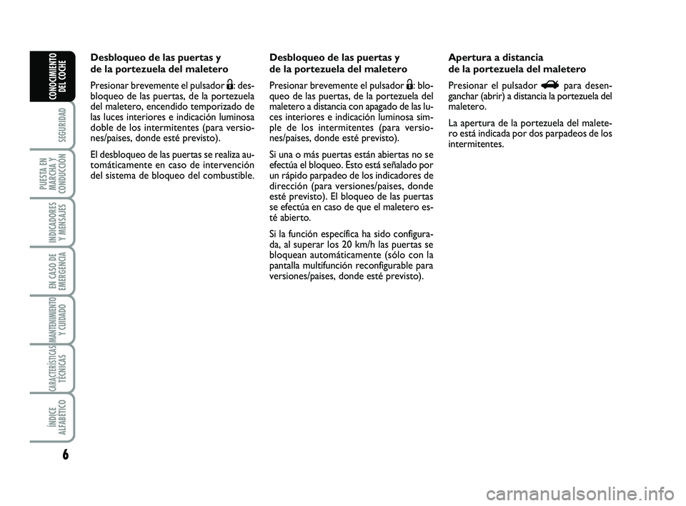 Abarth 500 2009  Manual de Empleo y Cuidado (in Spanish) 6
SEGURIDAD
PUESTA EN
MARCHA Y
CONDUCCIÓN
INDICADORES
Y MENSAJES
EN CASO DE
EMERGENCIA
MANTENIMIENTOY CUIDADO
CARACTERÍSTICASTÉCNICAS
ÍNDICE
ALFABÉTICO
CONOCIMIENTO
DEL COCHE
Desbloqueo de las pu