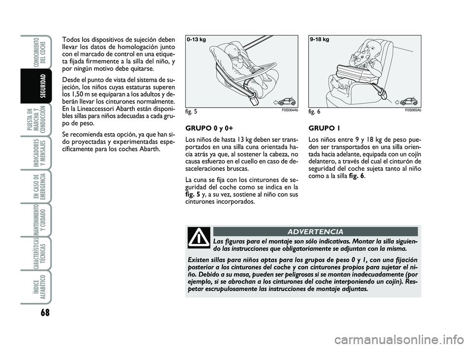 Abarth 500 2008 Manual de Empleo y Cuidado (in Spanish) 68
PUESTA EN
MARCHA Y
CONDUCCIÓN
INDICADORES
Y MENSAJES
EN CASO DE
EMERGENCIA
MANTENIMIENTOY CUIDADO
CARACTERÍSTICASTÉCNICAS
ÍNDICE
ALFABÉTICO
CONOCIMIENTODEL COCHE
SEGURIDAD
Todos los dispositiv Abarth 500 2008 Manual de Empleo y Cuidado (in Spanish) 68
PUESTA EN
MARCHA Y
CONDUCCIÓN
INDICADORES
Y MENSAJES
EN CASO DE
EMERGENCIA
MANTENIMIENTOY CUIDADO
CARACTERÍSTICASTÉCNICAS
ÍNDICE
ALFABÉTICO
CONOCIMIENTODEL COCHE
SEGURIDAD
Todos los dispositiv