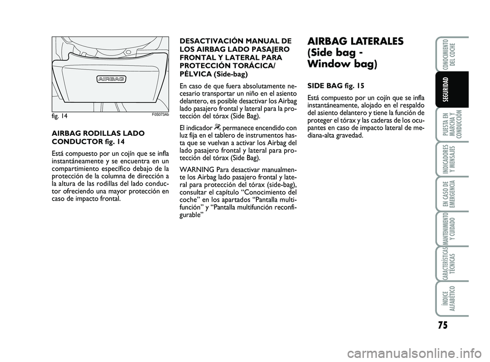 Abarth 500 2008 Manual de Empleo y Cuidado (in Spanish) 75
PUESTA EN
MARCHA Y
CONDUCCIÓN
INDICADORES
Y MENSAJES
EN CASO DE
EMERGENCIA
MANTENIMIENTOY CUIDADO
CARACTERÍSTICASTÉCNICAS
ÍNDICE
ALFABÉTICO
CONOCIMIENTODEL COCHE
SEGURIDAD
AIRBAG RODILLAS LADO Abarth 500 2008 Manual de Empleo y Cuidado (in Spanish) 75
PUESTA EN
MARCHA Y
CONDUCCIÓN
INDICADORES
Y MENSAJES
EN CASO DE
EMERGENCIA
MANTENIMIENTOY CUIDADO
CARACTERÍSTICASTÉCNICAS
ÍNDICE
ALFABÉTICO
CONOCIMIENTODEL COCHE
SEGURIDAD
AIRBAG RODILLAS LADO