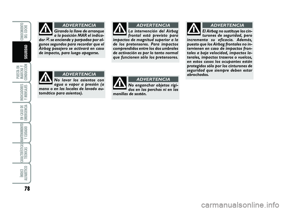 Abarth 500 2008 Manual de Empleo y Cuidado (in Spanish) 78
PUESTA EN
MARCHA Y
CONDUCCIÓN
INDICADORES
Y MENSAJES
EN CASO DE
EMERGENCIA
MANTENIMIENTOY CUIDADO
CARACTERÍSTICASTÉCNICAS
ÍNDICE
ALFABÉTICO
CONOCIMIENTODEL COCHE
SEGURIDAD
No lavar los asiento Abarth 500 2008 Manual de Empleo y Cuidado (in Spanish) 78
PUESTA EN
MARCHA Y
CONDUCCIÓN
INDICADORES
Y MENSAJES
EN CASO DE
EMERGENCIA
MANTENIMIENTOY CUIDADO
CARACTERÍSTICASTÉCNICAS
ÍNDICE
ALFABÉTICO
CONOCIMIENTODEL COCHE
SEGURIDAD
No lavar los asiento