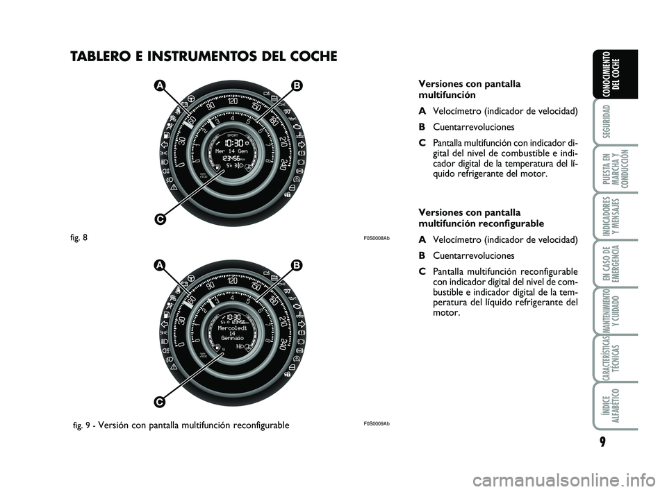 Abarth 500 2008  Manual de Empleo y Cuidado (in Spanish) TABLERO E INSTRUMENTOS DEL COCHE 
9
SEGURIDAD
PUESTA EN
MARCHA Y
CONDUCCIÓN
INDICADORES
Y MENSAJES
EN CASO DE
EMERGENCIA
MANTENIMIENTOY CUIDADO
CARACTERÍSTICASTÉCNICAS
ÍNDICE
ALFABÉTICO
CONOCIMIE