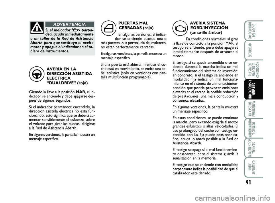 Abarth 500 2008 Manual de Empleo y Cuidado (in Spanish) 91
EN CASO DE
EMERGENCIA
MANTENIMIENTOY CUIDADO
CARACTERÍSTICASTÉCNICAS
ÍNDICE
ALFABÉTICO
CONOCIMIENTODEL COCHE
SEGURIDAD
PUESTA EN
MARCHA Y
CONDUCCIÓN
INDICADORES Y
MENSAJES
AVERÍA SISTEMA
EOBD Abarth 500 2008 Manual de Empleo y Cuidado (in Spanish) 91
EN CASO DE
EMERGENCIA
MANTENIMIENTOY CUIDADO
CARACTERÍSTICASTÉCNICAS
ÍNDICE
ALFABÉTICO
CONOCIMIENTODEL COCHE
SEGURIDAD
PUESTA EN
MARCHA Y
CONDUCCIÓN
INDICADORES Y
MENSAJES
AVERÍA SISTEMA
EOBD