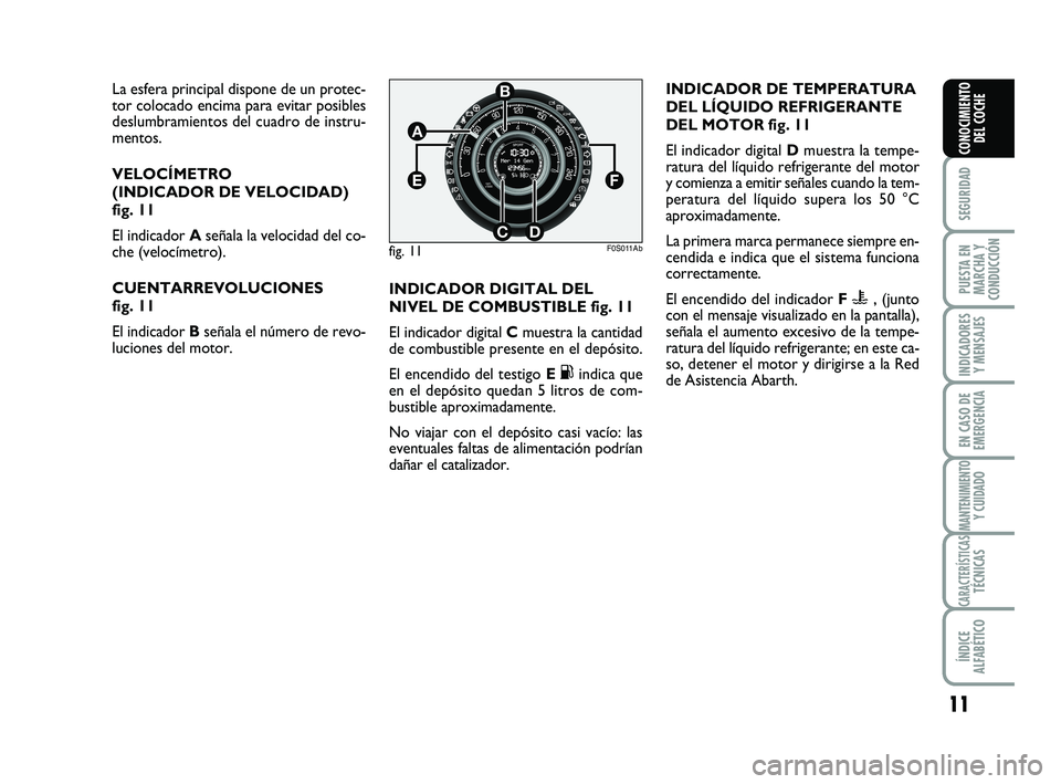 Abarth 500 2012  Manual de Empleo y Cuidado (in Spanish) 11
SEGURIDAD
PUESTA EN
MARCHA Y
CONDUCCIÓN
INDICADORES
Y MENSAJES
EN CASO DE
EMERGENCIA
MANTENIMIENTOY CUIDADO
CARACTERÍSTICASTÉCNICAS
ÍNDICE
ALFABÉTICO
CONOCIMIENTO
DEL COCHE
La esfera principal