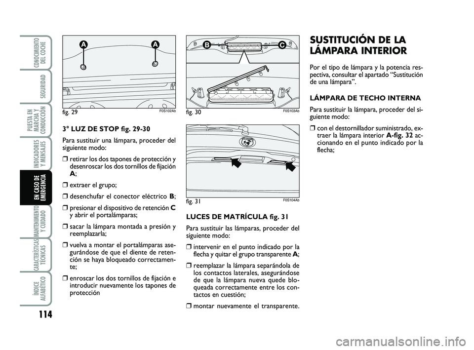 Abarth 500 2011  Manual de Empleo y Cuidado (in Spanish) 114
INDICADORES
Y MENSAJES
MANTENIMIENTOY CUIDADO
CARACTERÍSTICASTÉCNICAS
ÍNDICE
ALFABÉTICO
CONOCIMIENTODEL COCHE
SEGURIDAD
PUESTA EN
MARCHA Y
CONDUCCIÓN
EN CASO DE
EMERGENCIA
SUSTITUCIÓN DE LA
