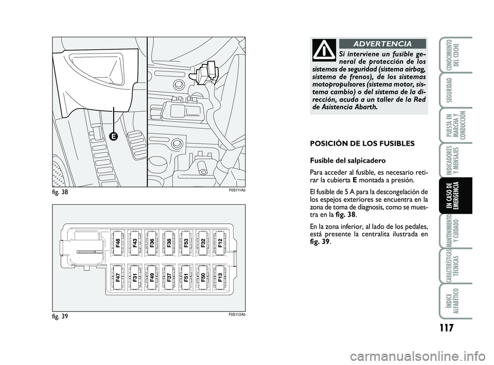 Abarth 500 2011  Manual de Empleo y Cuidado (in Spanish) 117
INDICADORES
Y MENSAJES
MANTENIMIENTOY CUIDADO
CARACTERÍSTICASTÉCNICAS
ÍNDICE
ALFABÉTICO
CONOCIMIENTODEL COCHE
SEGURIDAD
PUESTA EN
MARCHA Y
CONDUCCIÓN
EN CASO DE
EMERGENCIA
POSICIÓN DE LOS FU