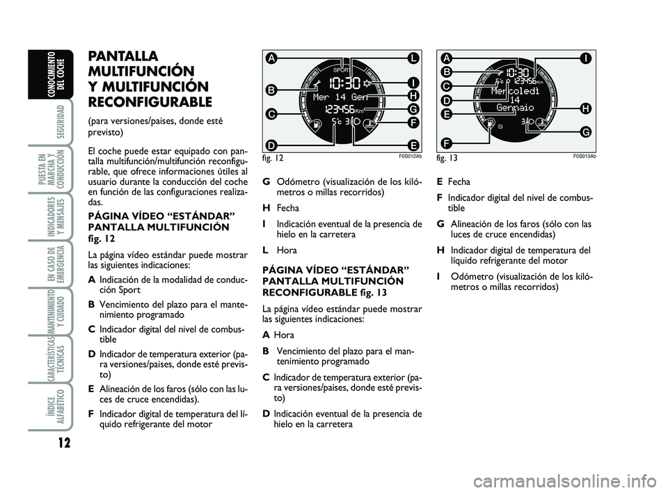 Abarth 500 2012  Manual de Empleo y Cuidado (in Spanish) 12
SEGURIDAD
PUESTA EN
MARCHA Y
CONDUCCIÓN
INDICADORES
Y MENSAJES
EN CASO DE
EMERGENCIA
MANTENIMIENTOY CUIDADO
CARACTERÍSTICASTÉCNICAS
ÍNDICE
ALFABÉTICO
CONOCIMIENTO
DEL COCHE
PANTALLA
MULTIFUNCI