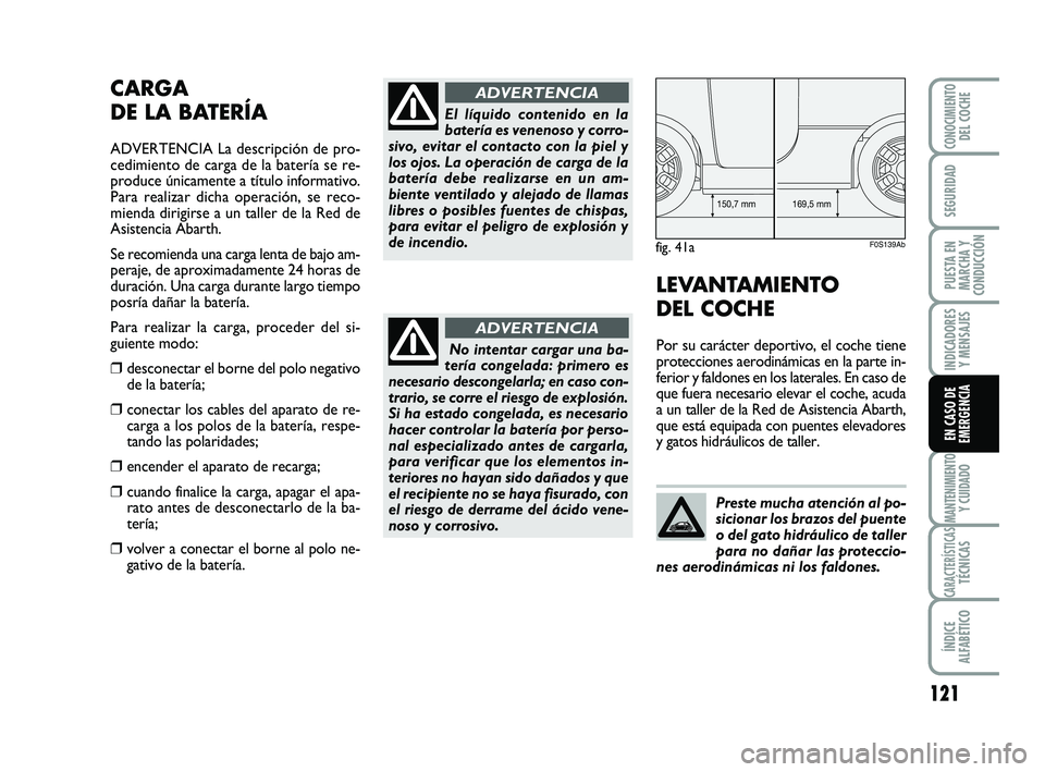 Abarth 500 2011  Manual de Empleo y Cuidado (in Spanish) 121
INDICADORES
Y MENSAJES
MANTENIMIENTOY CUIDADO
CARACTERÍSTICASTÉCNICAS
ÍNDICE
ALFABÉTICO
CONOCIMIENTODEL COCHE
SEGURIDAD
PUESTA EN
MARCHA Y
CONDUCCIÓN
EN CASO DE
EMERGENCIA
CARGA 
DE LA BATER