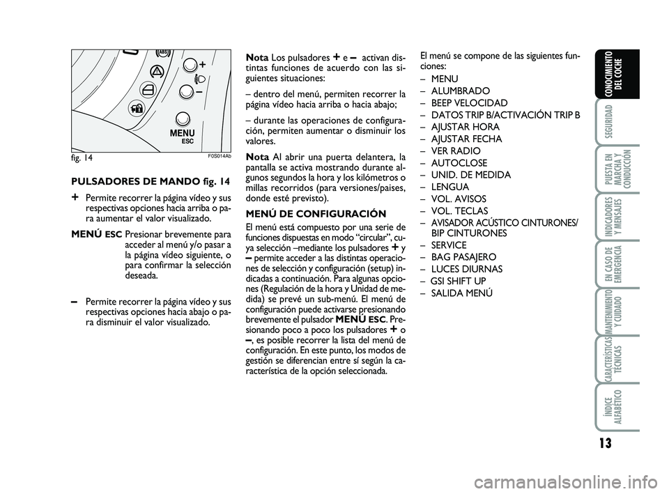 Abarth 500 2011  Manual de Empleo y Cuidado (in Spanish) 
13

SEGURIDAD

PUESTA EN
MARCHA Y
CONDUCCIÓN

INDICADORES Y MENSAJES

EN CASO DE
EMERGENCIA

MANTENIMIENTOY CUIDADO

CARACTERÍSTICASTÉCNICAS

ÍNDICE
ALFABÉTICO
CONOCIMIENTO DEL COCHE
PULSADORES 