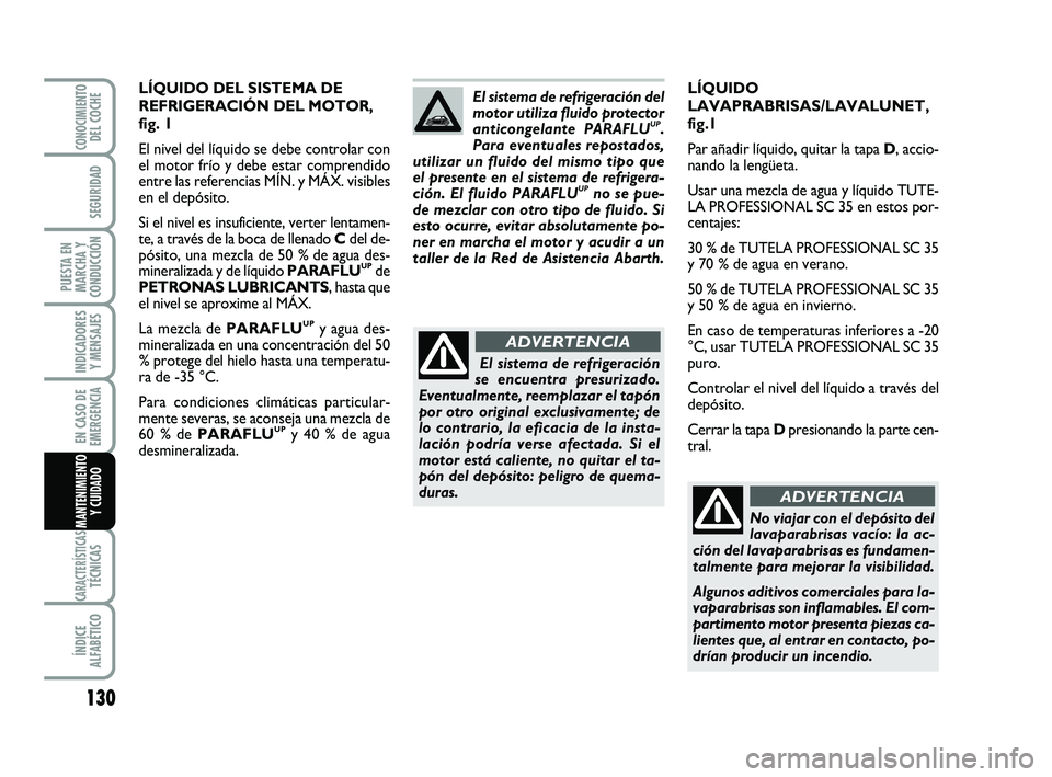 Abarth 500 2012 Manual de Empleo y Cuidado (in Spanish) 130
INDICADORES
Y MENSAJES
CARACTERÍSTICASTÉCNICAS
ÍNDICE
ALFABÉTICO
CONOCIMIENTODEL COCHE
SEGURIDAD
PUESTA EN
MARCHA Y
CONDUCCIÓN
EN CASO DE
EMERGENCIA
MANTENIMIENTO
Y CUIDADO
LÍQUIDO
LAVAPRABR Abarth 500 2012 Manual de Empleo y Cuidado (in Spanish) 130
INDICADORES
Y MENSAJES
CARACTERÍSTICASTÉCNICAS
ÍNDICE
ALFABÉTICO
CONOCIMIENTODEL COCHE
SEGURIDAD
PUESTA EN
MARCHA Y
CONDUCCIÓN
EN CASO DE
EMERGENCIA
MANTENIMIENTO
Y CUIDADO
LÍQUIDO
LAVAPRABR