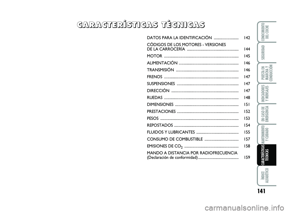 Abarth 500 2012  Manual de Empleo y Cuidado (in Spanish) 141
INDICADORES
Y MENSAJES
ÍNDICE
ALFABÉTICO
CONOCIMIENTODEL COCHE
SEGURIDAD
PUESTA EN
MARCHA Y
CONDUCCIÓN
EN CASO DE
EMERGENCIA
MANTENIMIENTOY CUIDADO
CARACTERÍSTICASTÉCNICAS
DATOS PARA LA IDENT
