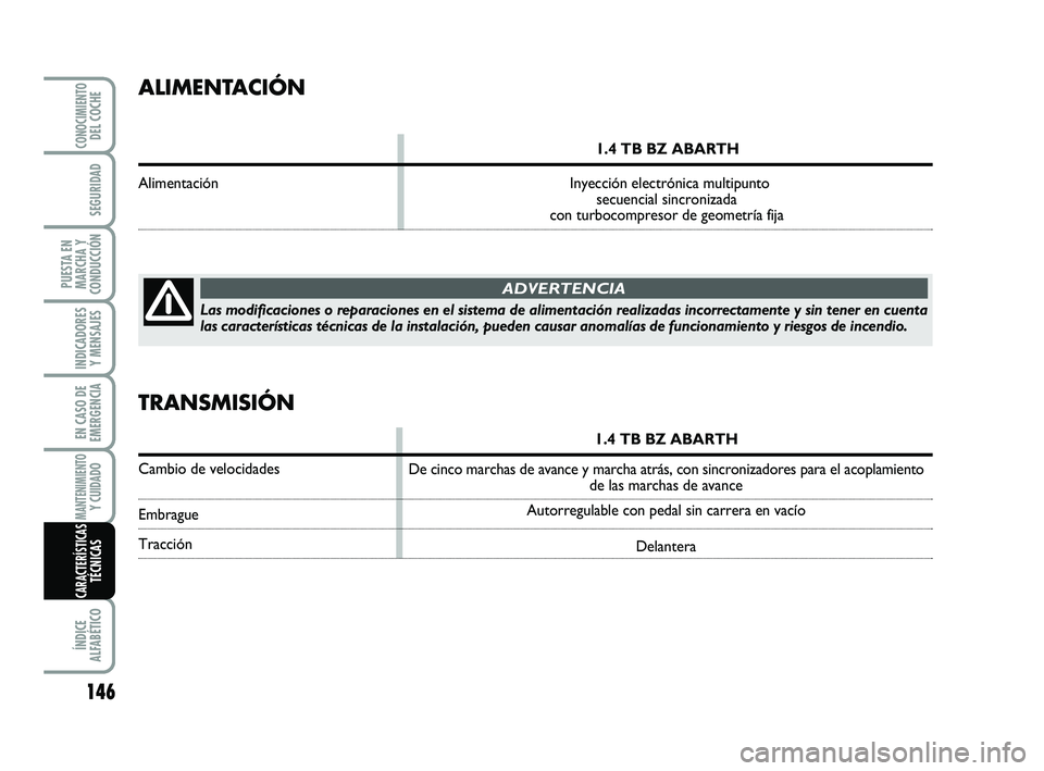 Abarth 500 2012  Manual de Empleo y Cuidado (in Spanish) 146
INDICADORES
Y MENSAJES
ÍNDICE
ALFABÉTICO
CONOCIMIENTODEL COCHE
SEGURIDAD
PUESTA EN
MARCHA Y
CONDUCCIÓN
EN CASO DE
EMERGENCIA
MANTENIMIENTOY CUIDADO 
CARACTERÍSTICASTÉCNICAS
ALIMENTACIÓN
1.4 