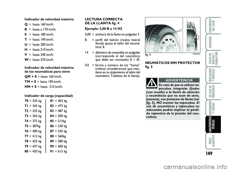 Abarth 500 2012  Manual de Empleo y Cuidado (in Spanish) LECTURA CORRECTA 
DE LA LLANTA fig. 4
Ejemplo: 5,00 B x 14 H2 
5,00 = anchura de la llanta en pulgadas 1.
B = perfil del balcón (realce lateral
donde apoya el talón del neumá-
tico) 2.
14 = diámet