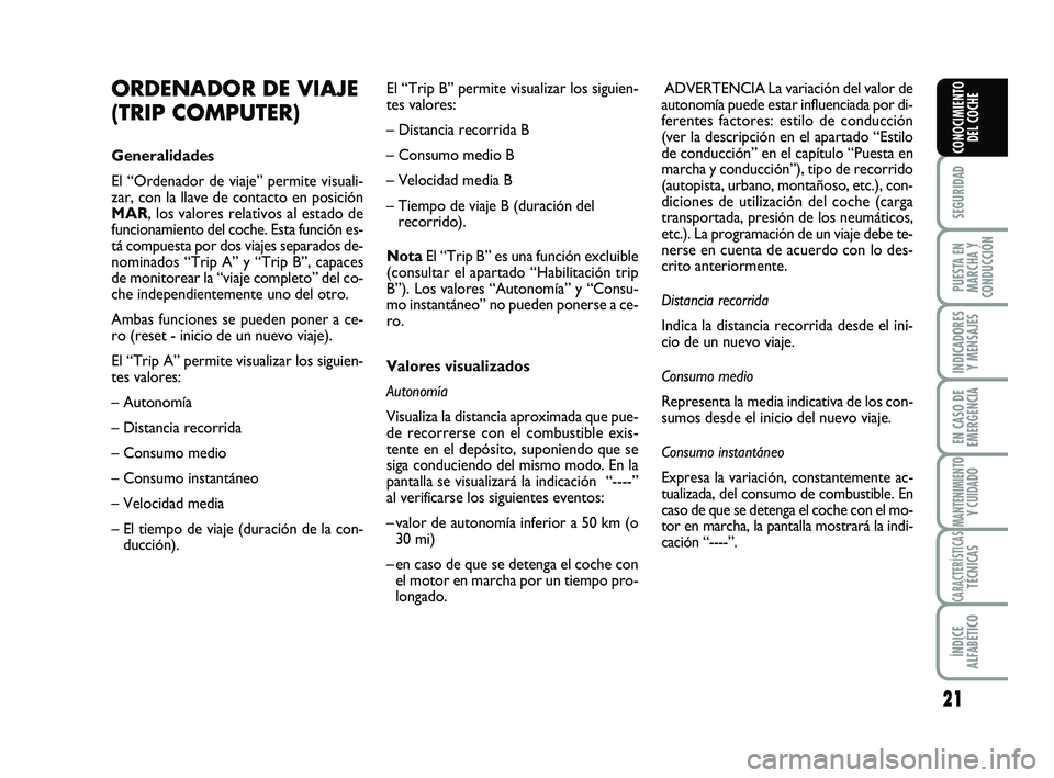 Abarth 500 2012  Manual de Empleo y Cuidado (in Spanish) 21
SEGURIDAD
PUESTA EN
MARCHA Y
CONDUCCIÓN
INDICADORES
Y MENSAJES
EN CASO DE
EMERGENCIA
MANTENIMIENTOY CUIDADO
CARACTERÍSTICASTÉCNICAS
ÍNDICE
ALFABÉTICO
CONOCIMIENTO
DEL COCHE
ORDENADOR DE VIAJE
