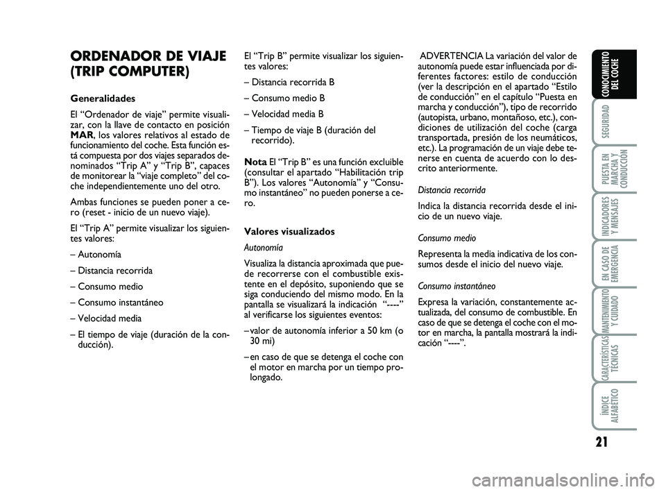 Abarth 500 2011 Manual de Empleo y Cuidado (in Spanish) 21
SEGURIDAD
PUESTA EN
MARCHA Y
CONDUCCIÓN
INDICADORES
Y MENSAJES
EN CASO DE
EMERGENCIA
MANTENIMIENTOY CUIDADO
CARACTERÍSTICASTÉCNICAS
ÍNDICE
ALFABÉTICO
CONOCIMIENTO
DEL COCHE
ORDENADOR DE VIAJE
Abarth 500 2011 Manual de Empleo y Cuidado (in Spanish) 21
SEGURIDAD
PUESTA EN
MARCHA Y
CONDUCCIÓN
INDICADORES
Y MENSAJES
EN CASO DE
EMERGENCIA
MANTENIMIENTOY CUIDADO
CARACTERÍSTICASTÉCNICAS
ÍNDICE
ALFABÉTICO
CONOCIMIENTO
DEL COCHE
ORDENADOR DE VIAJE