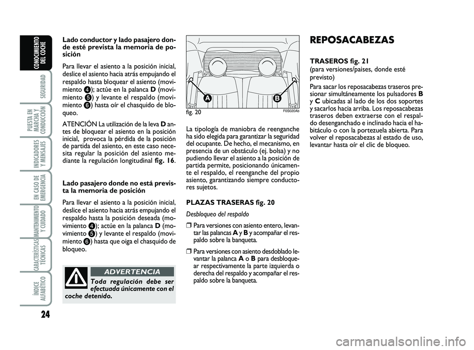 Abarth 500 2012  Manual de Empleo y Cuidado (in Spanish) 24
SEGURIDAD
PUESTA EN
MARCHA Y
CONDUCCIÓN
INDICADORES
Y MENSAJES
EN CASO DE
EMERGENCIA
MANTENIMIENTOY CUIDADO
CARACTERÍSTICASTÉCNICAS
ÍNDICE
ALFABÉTICO
CONOCIMIENTO
DEL COCHE
La tipología de ma