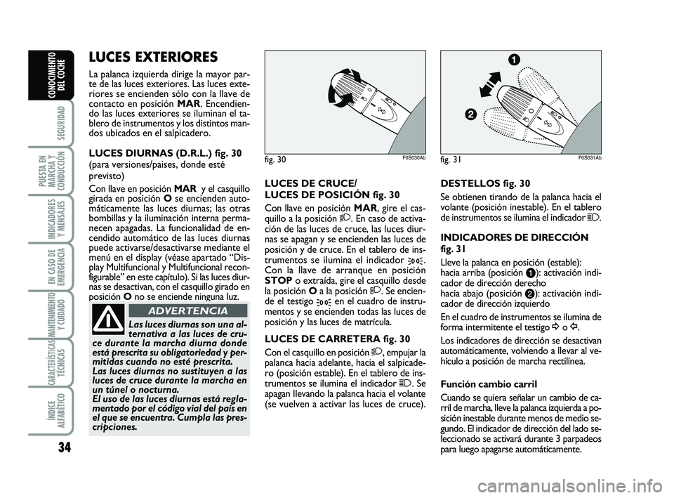 Abarth 500 2012  Manual de Empleo y Cuidado (in Spanish) 34
SEGURIDAD
PUESTA EN
MARCHA Y
CONDUCCIÓN
INDICADORES
Y MENSAJES
EN CASO DE
EMERGENCIA
MANTENIMIENTOY CUIDADO
CARACTERÍSTICASTÉCNICAS
ÍNDICE
ALFABÉTICO
CONOCIMIENTO
DEL COCHE
LUCES DE CRUCE/
LUC