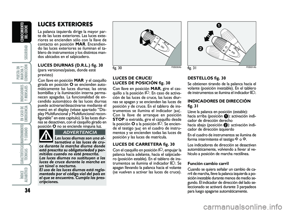 Abarth 500 2011  Manual de Empleo y Cuidado (in Spanish) 34
SEGURIDAD
PUESTA EN
MARCHA Y
CONDUCCIÓN
INDICADORES
Y MENSAJES
EN CASO DE
EMERGENCIA
MANTENIMIENTOY CUIDADO
CARACTERÍSTICASTÉCNICAS
ÍNDICE
ALFABÉTICO
CONOCIMIENTO
DEL COCHE
LUCES DE CRUCE/
LUC