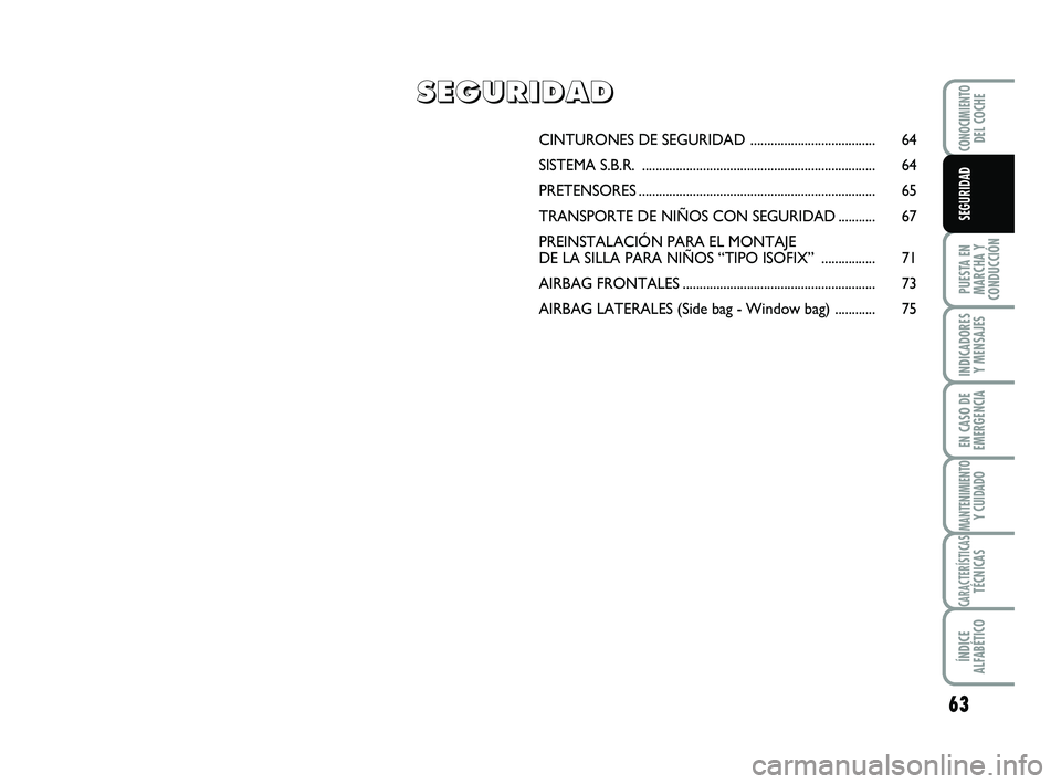Abarth 500 2011  Manual de Empleo y Cuidado (in Spanish) 63
PUESTA EN
MARCHA Y
CONDUCCIÓN
INDICADORES
Y MENSAJES
EN CASO DE
EMERGENCIA
MANTENIMIENTOY CUIDADO
CARACTERÍSTICASTÉCNICAS
ÍNDICE
ALFABÉTICO
CONOCIMIENTODEL COCHE
SEGURIDAD
CINTURONES DE SEGURI