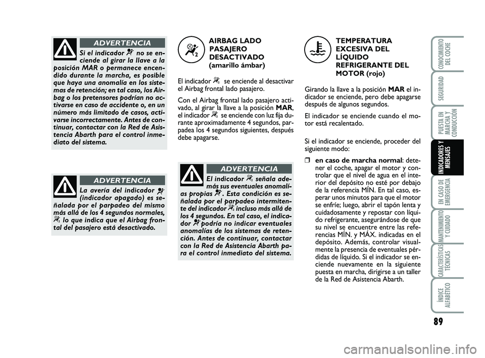 Abarth 500 2011  Manual de Empleo y Cuidado (in Spanish) 89
EN CASO DE
EMERGENCIA
MANTENIMIENTOY CUIDADO
CARACTERÍSTICASTÉCNICAS
ÍNDICE
ALFABÉTICO
CONOCIMIENTODEL COCHE
SEGURIDAD
PUESTA EN
MARCHA Y
CONDUCCIÓN
INDICADORES Y
MENSAJES
Si el indicador ¬no