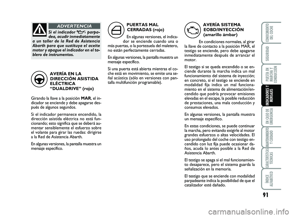 Abarth 500 2012  Manual de Empleo y Cuidado (in Spanish) 91
EN CASO DE
EMERGENCIA
MANTENIMIENTOY CUIDADO
CARACTERÍSTICASTÉCNICAS
ÍNDICE
ALFABÉTICO
CONOCIMIENTODEL COCHE
SEGURIDAD
PUESTA EN
MARCHA Y
CONDUCCIÓN
INDICADORES Y
MENSAJES
AVERÍA SISTEMA
EOBD