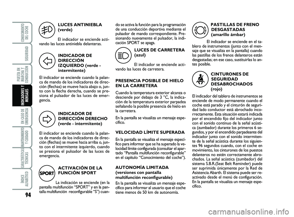 Abarth 500 2012  Manual de Empleo y Cuidado (in Spanish) LUCES ANTINIEBLA
(verde)
El indicador se enciende acti-
vando las luces antiniebla delanteras.
5
INDICADOR DE
DIRECCIÓN
IZQUIERDO (verde -
intermitente)
El indicador se enciende cuando la palan-
ca d