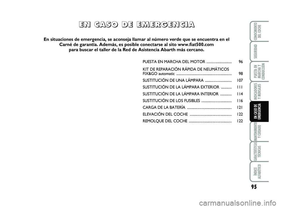 Abarth 500 2012  Manual de Empleo y Cuidado (in Spanish) 95
INDICADORES
Y MENSAJES
MANTENIMIENTOY CUIDADO
CARACTERÍSTICASTÉCNICAS
ÍNDICE
ALFABÉTICO
CONOCIMIENTODEL COCHE
SEGURIDAD
PUESTA EN
MARCHA Y
CONDUCCIÓN
EN CASO DE
EMERGENCIA
PUESTA EN MARCHA DEL