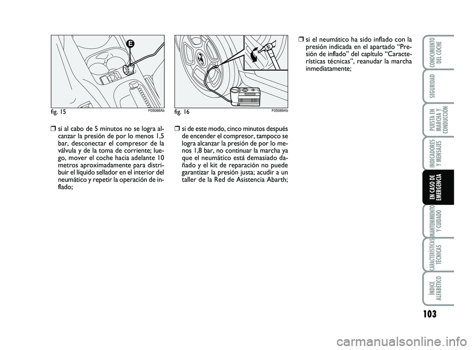Abarth 500 2014 Manual de Empleo y Cuidado (in Spanish) 103
INDICADORES
Y MENSAJES
MANTENIMIENTOY CUIDADO
CARACTERÍSTICASTÉCNICAS
ÍNDICE
ALFABÉTICO
CONOCIMIENTODEL COCHE
SEGURIDAD
PUESTA EN
MARCHA Y
CONDUCCIÓN
EN CASO DE
EMERGENCIA
❒si al cabo de 5 Abarth 500 2014 Manual de Empleo y Cuidado (in Spanish) 103
INDICADORES
Y MENSAJES
MANTENIMIENTOY CUIDADO
CARACTERÍSTICASTÉCNICAS
ÍNDICE
ALFABÉTICO
CONOCIMIENTODEL COCHE
SEGURIDAD
PUESTA EN
MARCHA Y
CONDUCCIÓN
EN CASO DE
EMERGENCIA
❒si al cabo de 5