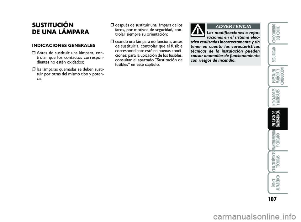 Abarth 500 2014 Manual de Empleo y Cuidado (in Spanish) 107
INDICADORES
Y MENSAJES
MANTENIMIENTOY CUIDADO
CARACTERÍSTICASTÉCNICAS
ÍNDICE
ALFABÉTICO
CONOCIMIENTODEL COCHE
SEGURIDAD
PUESTA EN
MARCHA Y
CONDUCCIÓN
EN CASO DE
EMERGENCIA
SUSTITUCIÓN
DE UN Abarth 500 2014 Manual de Empleo y Cuidado (in Spanish) 107
INDICADORES
Y MENSAJES
MANTENIMIENTOY CUIDADO
CARACTERÍSTICASTÉCNICAS
ÍNDICE
ALFABÉTICO
CONOCIMIENTODEL COCHE
SEGURIDAD
PUESTA EN
MARCHA Y
CONDUCCIÓN
EN CASO DE
EMERGENCIA
SUSTITUCIÓN
DE UN