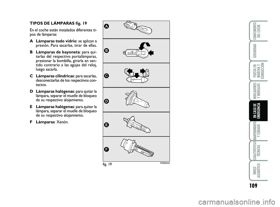 Abarth 500 2014 Manual de Empleo y Cuidado (in Spanish) 109
INDICADORES
Y MENSAJES
MANTENIMIENTOY CUIDADO
CARACTERÍSTICASTÉCNICAS
ÍNDICE
ALFABÉTICO
CONOCIMIENTODEL COCHE
SEGURIDAD
PUESTA EN
MARCHA Y
CONDUCCIÓN
EN CASO DE
EMERGENCIA
TIPOS DE LÁMPARAS Abarth 500 2014 Manual de Empleo y Cuidado (in Spanish) 109
INDICADORES
Y MENSAJES
MANTENIMIENTOY CUIDADO
CARACTERÍSTICASTÉCNICAS
ÍNDICE
ALFABÉTICO
CONOCIMIENTODEL COCHE
SEGURIDAD
PUESTA EN
MARCHA Y
CONDUCCIÓN
EN CASO DE
EMERGENCIA
TIPOS DE LÁMPARAS
