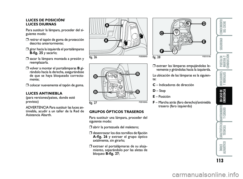 Abarth 500 2014  Manual de Empleo y Cuidado (in Spanish) 113
INDICADORES
Y MENSAJES
MANTENIMIENTOY CUIDADO
CARACTERÍSTICASTÉCNICAS
ÍNDICE
ALFABÉTICO
CONOCIMIENTODEL COCHE
SEGURIDAD
PUESTA EN
MARCHA Y
CONDUCCIÓN
EN CASO DE
EMERGENCIA
LUCES DE POSICIÓN/