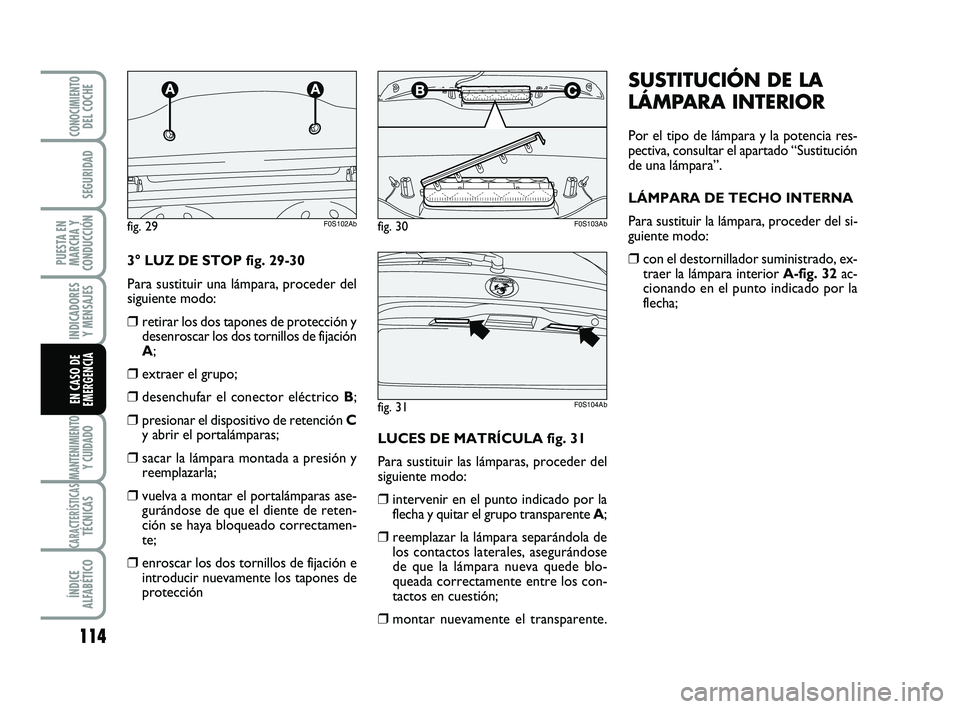 Abarth 500 2014  Manual de Empleo y Cuidado (in Spanish) 114
INDICADORES
Y MENSAJES
MANTENIMIENTOY CUIDADO
CARACTERÍSTICASTÉCNICAS
ÍNDICE
ALFABÉTICO
CONOCIMIENTODEL COCHE
SEGURIDAD
PUESTA EN
MARCHA Y
CONDUCCIÓN
EN CASO DE
EMERGENCIA
SUSTITUCIÓN DE LA
