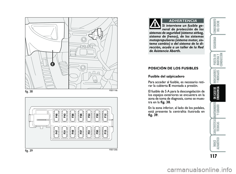 Abarth 500 2014  Manual de Empleo y Cuidado (in Spanish) 117
INDICADORES
Y MENSAJES
MANTENIMIENTOY CUIDADO
CARACTERÍSTICASTÉCNICAS
ÍNDICE
ALFABÉTICO
CONOCIMIENTODEL COCHE
SEGURIDAD
PUESTA EN
MARCHA Y
CONDUCCIÓN
EN CASO DE
EMERGENCIA
POSICIÓN DE LOS FU
