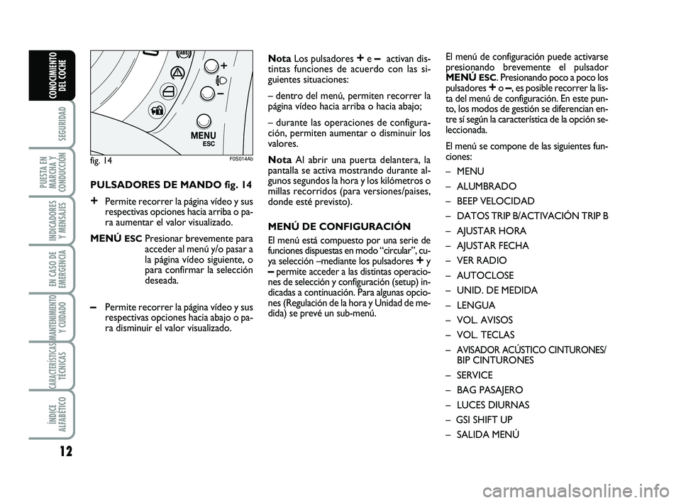 Abarth 500 2014  Manual de Empleo y Cuidado (in Spanish) 12
SEGURIDAD
PUESTA EN
MARCHA Y
CONDUCCIÓN
INDICADORES
Y MENSAJES
EN CASO DE
EMERGENCIA
MANTENIMIENTOY CUIDADO
CARACTERÍSTICASTÉCNICAS
ÍNDICE
ALFABÉTICO
CONOCIMIENTO
DEL COCHE
PULSADORES DE MANDO