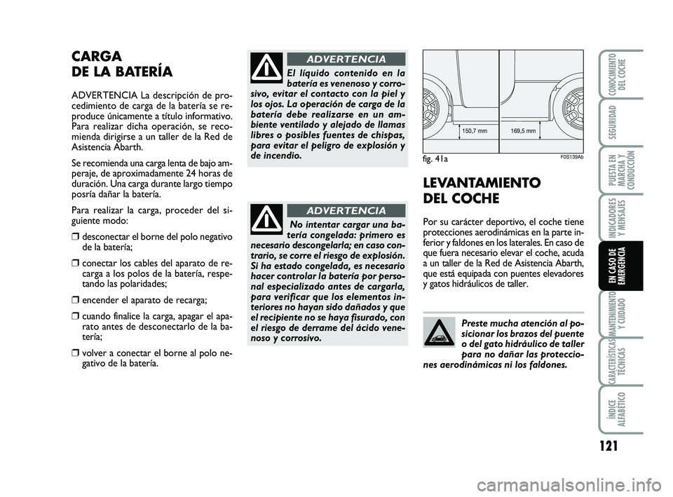 Abarth 500 2014 Manual de Empleo y Cuidado (in Spanish) 121
INDICADORES
Y MENSAJES
MANTENIMIENTOY CUIDADO
CARACTERÍSTICASTÉCNICAS
ÍNDICE
ALFABÉTICO
CONOCIMIENTODEL COCHE
SEGURIDAD
PUESTA EN
MARCHA Y
CONDUCCIÓN
EN CASO DE
EMERGENCIA
CARGA
DE LA BATER Abarth 500 2014 Manual de Empleo y Cuidado (in Spanish) 121
INDICADORES
Y MENSAJES
MANTENIMIENTOY CUIDADO
CARACTERÍSTICASTÉCNICAS
ÍNDICE
ALFABÉTICO
CONOCIMIENTODEL COCHE
SEGURIDAD
PUESTA EN
MARCHA Y
CONDUCCIÓN
EN CASO DE
EMERGENCIA
CARGA
DE LA BATER