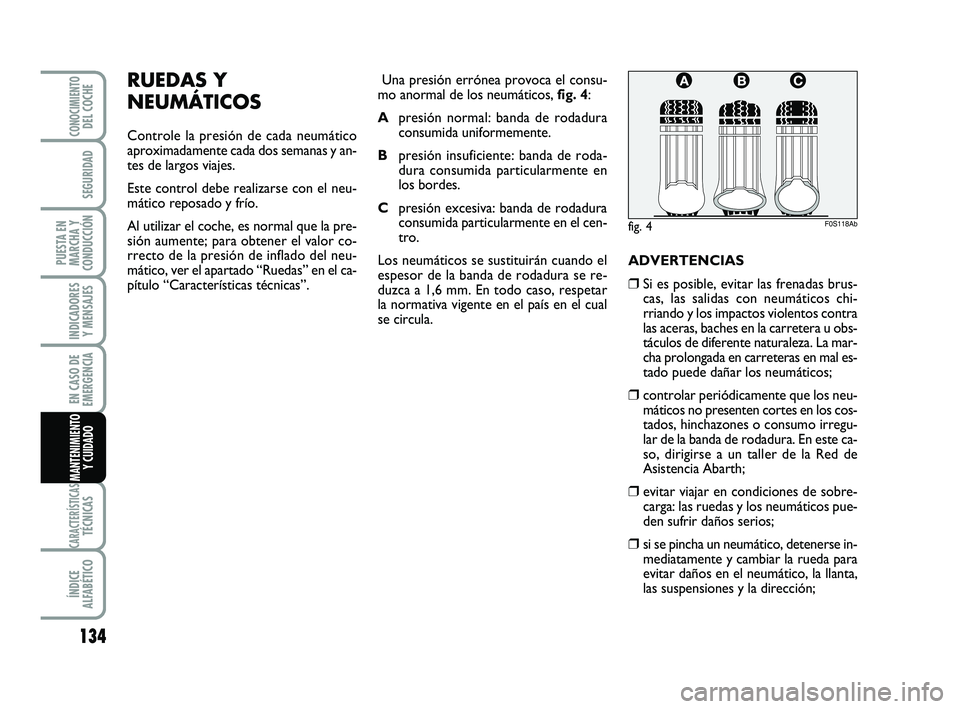 Abarth 500 2014 Manual de Empleo y Cuidado (in Spanish) 134
INDICADORES
Y MENSAJES
CARACTERÍSTICASTÉCNICAS
ÍNDICE
ALFABÉTICO
CONOCIMIENTODEL COCHE
SEGURIDAD
PUESTA EN
MARCHA Y
CONDUCCIÓN
EN CASO DE
EMERGENCIA
MANTENIMIENTO
Y CUIDADO
RUEDAS Y
NEUMÁTIC Abarth 500 2014 Manual de Empleo y Cuidado (in Spanish) 134
INDICADORES
Y MENSAJES
CARACTERÍSTICASTÉCNICAS
ÍNDICE
ALFABÉTICO
CONOCIMIENTODEL COCHE
SEGURIDAD
PUESTA EN
MARCHA Y
CONDUCCIÓN
EN CASO DE
EMERGENCIA
MANTENIMIENTO
Y CUIDADO
RUEDAS Y
NEUMÁTIC