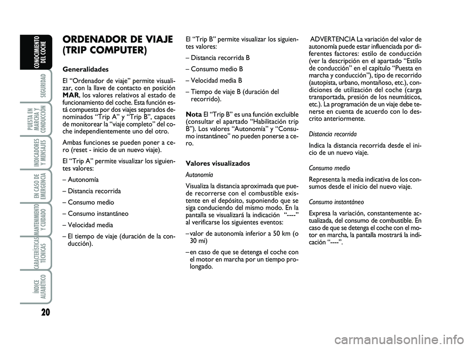 Abarth 500 2014 Manual de Empleo y Cuidado (in Spanish) 20
SEGURIDAD
PUESTA EN
MARCHA Y
CONDUCCIÓN
INDICADORES
Y MENSAJES
EN CASO DE
EMERGENCIA
MANTENIMIENTOY CUIDADO
CARACTERÍSTICASTÉCNICAS
ÍNDICE
ALFABÉTICO
CONOCIMIENTO
DEL COCHE
ORDENADOR DE VIAJE
Abarth 500 2014 Manual de Empleo y Cuidado (in Spanish) 20
SEGURIDAD
PUESTA EN
MARCHA Y
CONDUCCIÓN
INDICADORES
Y MENSAJES
EN CASO DE
EMERGENCIA
MANTENIMIENTOY CUIDADO
CARACTERÍSTICASTÉCNICAS
ÍNDICE
ALFABÉTICO
CONOCIMIENTO
DEL COCHE
ORDENADOR DE VIAJE