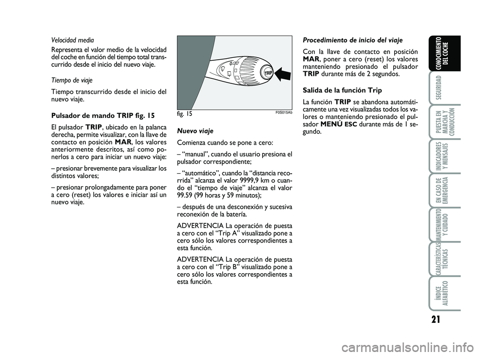 Abarth 500 2014 Manual de Empleo y Cuidado (in Spanish) 21
SEGURIDAD
PUESTA EN
MARCHA Y
CONDUCCIÓN
INDICADORES
Y MENSAJES
EN CASO DE
EMERGENCIA
MANTENIMIENTOY CUIDADO
CARACTERÍSTICASTÉCNICAS
ÍNDICE
ALFABÉTICO
CONOCIMIENTO
DEL COCHE
Velocidad media
Rep Abarth 500 2014 Manual de Empleo y Cuidado (in Spanish) 21
SEGURIDAD
PUESTA EN
MARCHA Y
CONDUCCIÓN
INDICADORES
Y MENSAJES
EN CASO DE
EMERGENCIA
MANTENIMIENTOY CUIDADO
CARACTERÍSTICASTÉCNICAS
ÍNDICE
ALFABÉTICO
CONOCIMIENTO
DEL COCHE
Velocidad media
Rep