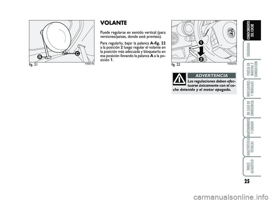 Abarth 500 2014 Manual de Empleo y Cuidado (in Spanish) 25
SEGURIDAD
PUESTA EN
MARCHA Y
CONDUCCIÓN
INDICADORES
Y MENSAJES
EN CASO DE
EMERGENCIA
MANTENIMIENTOY CUIDADO
CARACTERÍSTICASTÉCNICAS
ÍNDICE
ALFABÉTICO
CONOCIMIENTO
DEL COCHE
VOLANTE
Puede regul Abarth 500 2014 Manual de Empleo y Cuidado (in Spanish) 25
SEGURIDAD
PUESTA EN
MARCHA Y
CONDUCCIÓN
INDICADORES
Y MENSAJES
EN CASO DE
EMERGENCIA
MANTENIMIENTOY CUIDADO
CARACTERÍSTICASTÉCNICAS
ÍNDICE
ALFABÉTICO
CONOCIMIENTO
DEL COCHE
VOLANTE
Puede regul