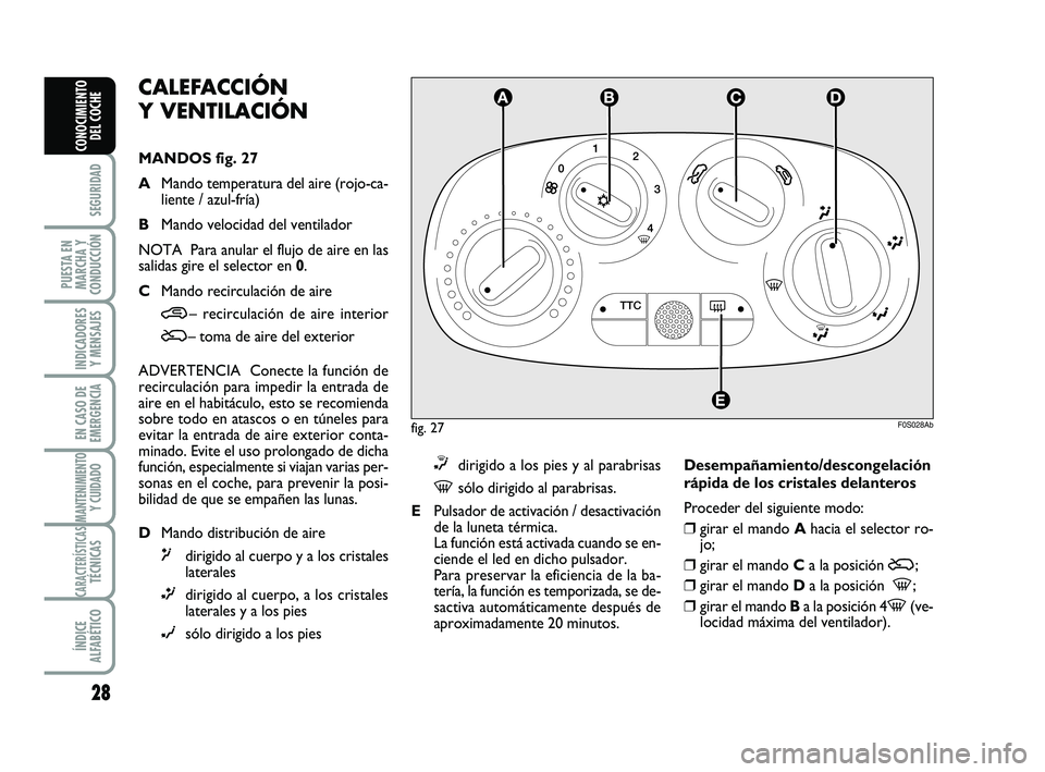 Abarth 500 2014 Manual de Empleo y Cuidado (in Spanish) 28
SEGURIDAD
PUESTA EN
MARCHA Y
CONDUCCIÓN
INDICADORES
Y MENSAJES
EN CASO DE
EMERGENCIA
MANTENIMIENTOY CUIDADO
CARACTERÍSTICASTÉCNICAS
ÍNDICE
ALFABÉTICO
CONOCIMIENTO
DEL COCHE
CALEFACCIÓN
Y VEN Abarth 500 2014 Manual de Empleo y Cuidado (in Spanish) 28
SEGURIDAD
PUESTA EN
MARCHA Y
CONDUCCIÓN
INDICADORES
Y MENSAJES
EN CASO DE
EMERGENCIA
MANTENIMIENTOY CUIDADO
CARACTERÍSTICASTÉCNICAS
ÍNDICE
ALFABÉTICO
CONOCIMIENTO
DEL COCHE
CALEFACCIÓN
Y VEN