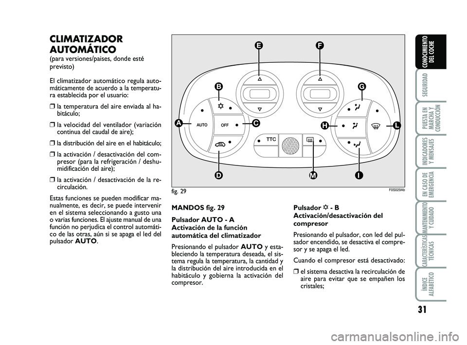 Abarth 500 2014 Manual de Empleo y Cuidado (in Spanish) 31
SEGURIDAD
PUESTA EN
MARCHA Y
CONDUCCIÓN
INDICADORES
Y MENSAJES
EN CASO DE
EMERGENCIA
MANTENIMIENTOY CUIDADO
CARACTERÍSTICASTÉCNICAS
ÍNDICE
ALFABÉTICO
CONOCIMIENTO
DEL COCHE
CLIMATIZADOR
AUTOM Abarth 500 2014 Manual de Empleo y Cuidado (in Spanish) 31
SEGURIDAD
PUESTA EN
MARCHA Y
CONDUCCIÓN
INDICADORES
Y MENSAJES
EN CASO DE
EMERGENCIA
MANTENIMIENTOY CUIDADO
CARACTERÍSTICASTÉCNICAS
ÍNDICE
ALFABÉTICO
CONOCIMIENTO
DEL COCHE
CLIMATIZADOR
AUTOM