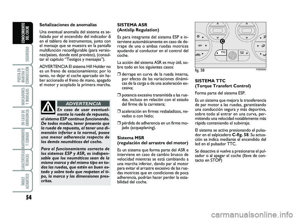 Abarth 500 2014  Manual de Empleo y Cuidado (in Spanish) 54
SEGURIDAD
PUESTA EN
MARCHA Y
CONDUCCIÓN
INDICADORES
Y MENSAJES
EN CASO DE
EMERGENCIA
MANTENIMIENTOY CUIDADO 
CARACTERÍSTICASTÉCNICAS
ÍNDICE
ALFABÉTICO
CONOCIMIENTO
DEL COCHE
Señalizaciones de