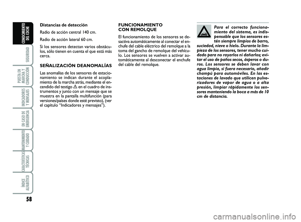 Abarth 500 2014  Manual de Empleo y Cuidado (in Spanish) 58
SEGURIDAD
PUESTA EN
MARCHA Y
CONDUCCIÓN
INDICADORES
Y MENSAJES
EN CASO DE
EMERGENCIA
MANTENIMIENTOY CUIDADO 
CARACTERÍSTICASTÉCNICAS
ÍNDICE
ALFABÉTICO
CONOCIMIENTO
DEL COCHE
FUNCIONAMIENTO 
CO