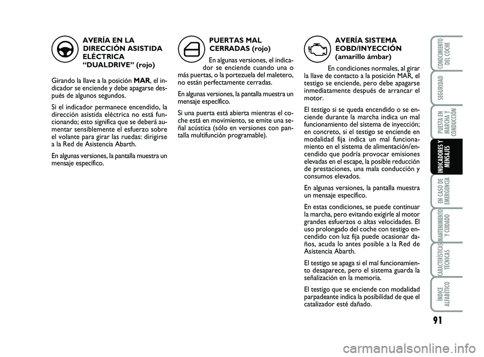 Abarth 500 2014 Manual de Empleo y Cuidado (in Spanish) 91
EN CASO DE
EMERGENCIA
MANTENIMIENTOY CUIDADO
CARACTERÍSTICASTÉCNICAS
ÍNDICE
ALFABÉTICO
CONOCIMIENTODEL COCHE
SEGURIDAD
PUESTA EN
MARCHA Y
CONDUCCIÓN
INDICADORES Y
MENSAJES
AVERÍA SISTEMA
EOBD Abarth 500 2014 Manual de Empleo y Cuidado (in Spanish) 91
EN CASO DE
EMERGENCIA
MANTENIMIENTOY CUIDADO
CARACTERÍSTICASTÉCNICAS
ÍNDICE
ALFABÉTICO
CONOCIMIENTODEL COCHE
SEGURIDAD
PUESTA EN
MARCHA Y
CONDUCCIÓN
INDICADORES Y
MENSAJES
AVERÍA SISTEMA
EOBD
