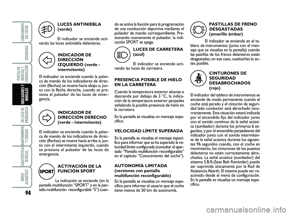 Abarth 500 2014 Manual de Empleo y Cuidado (in Spanish) LUCES ANTINIEBLA
(verde)
El indicador se enciende acti-
vando las luces antiniebla delanteras.
5
INDICADOR DE
DIRECCIÓN
IZQUIERDO (verde -
intermitente)
El indicador se enciende cuando la palan-
ca d Abarth 500 2014 Manual de Empleo y Cuidado (in Spanish) LUCES ANTINIEBLA
(verde)
El indicador se enciende acti-
vando las luces antiniebla delanteras.
5
INDICADOR DE
DIRECCIÓN
IZQUIERDO (verde -
intermitente)
El indicador se enciende cuando la palan-
ca d