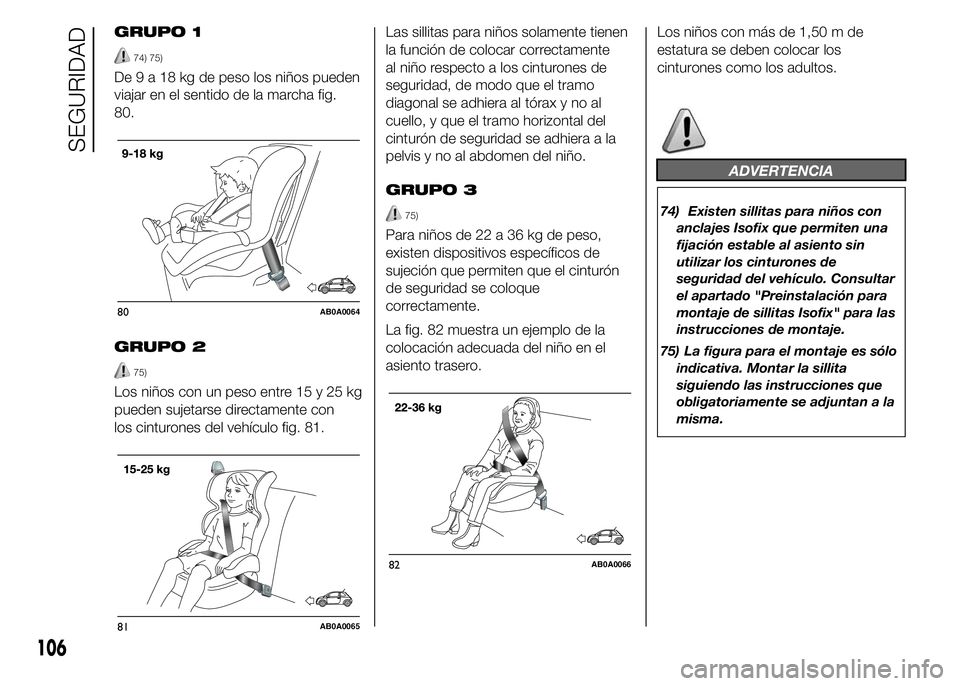 Abarth 500 2015  Manual de Empleo y Cuidado (in Spanish) GRUPO 1
74) 75)
De9a18kgdepeso los niños pueden
viajar en el sentido de la marcha fig.
80.
GRUPO 2
75)
Los niños con un peso entre 15 y 25 kg
pueden sujetarse directamente con
los cinturones del veh